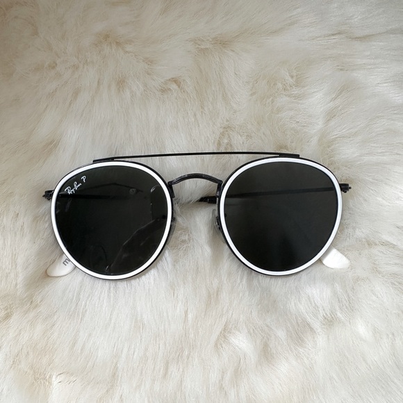 Ray Ban Round Double Bridge Customized Sunglasses | Black Frames White Trim - Picture 2 of 13